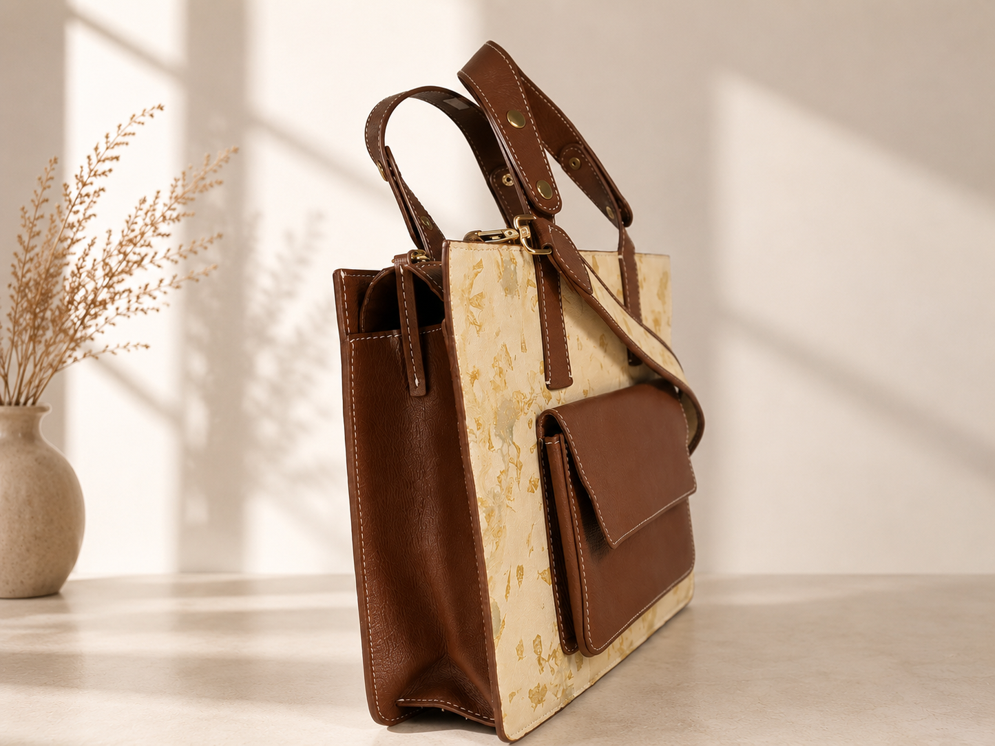 Handcrafted Dried Leaf Leather Tote Bag