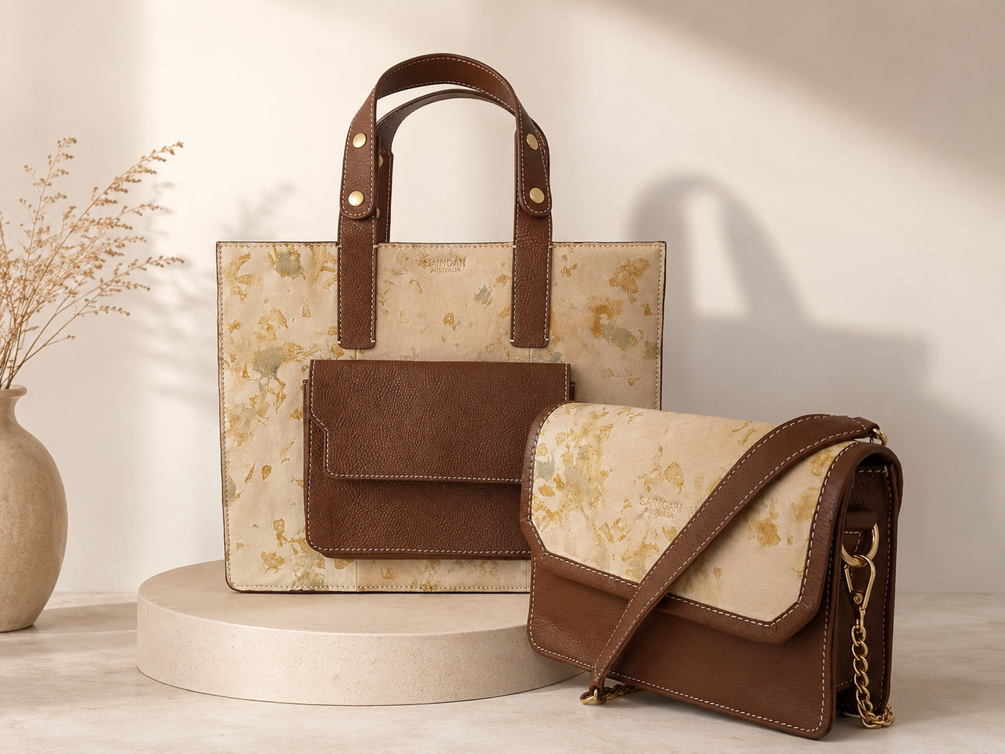 Handcrafted Dried Leaf Leather Tote Bag
