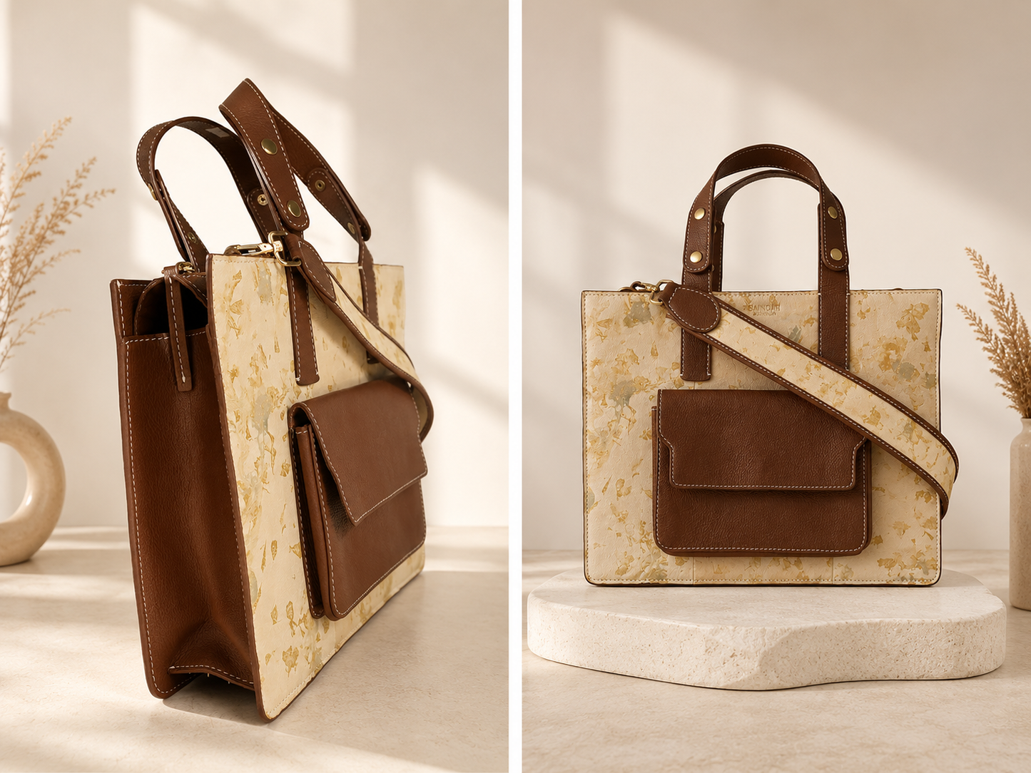 Handcrafted Dried Leaf Leather Tote Bag